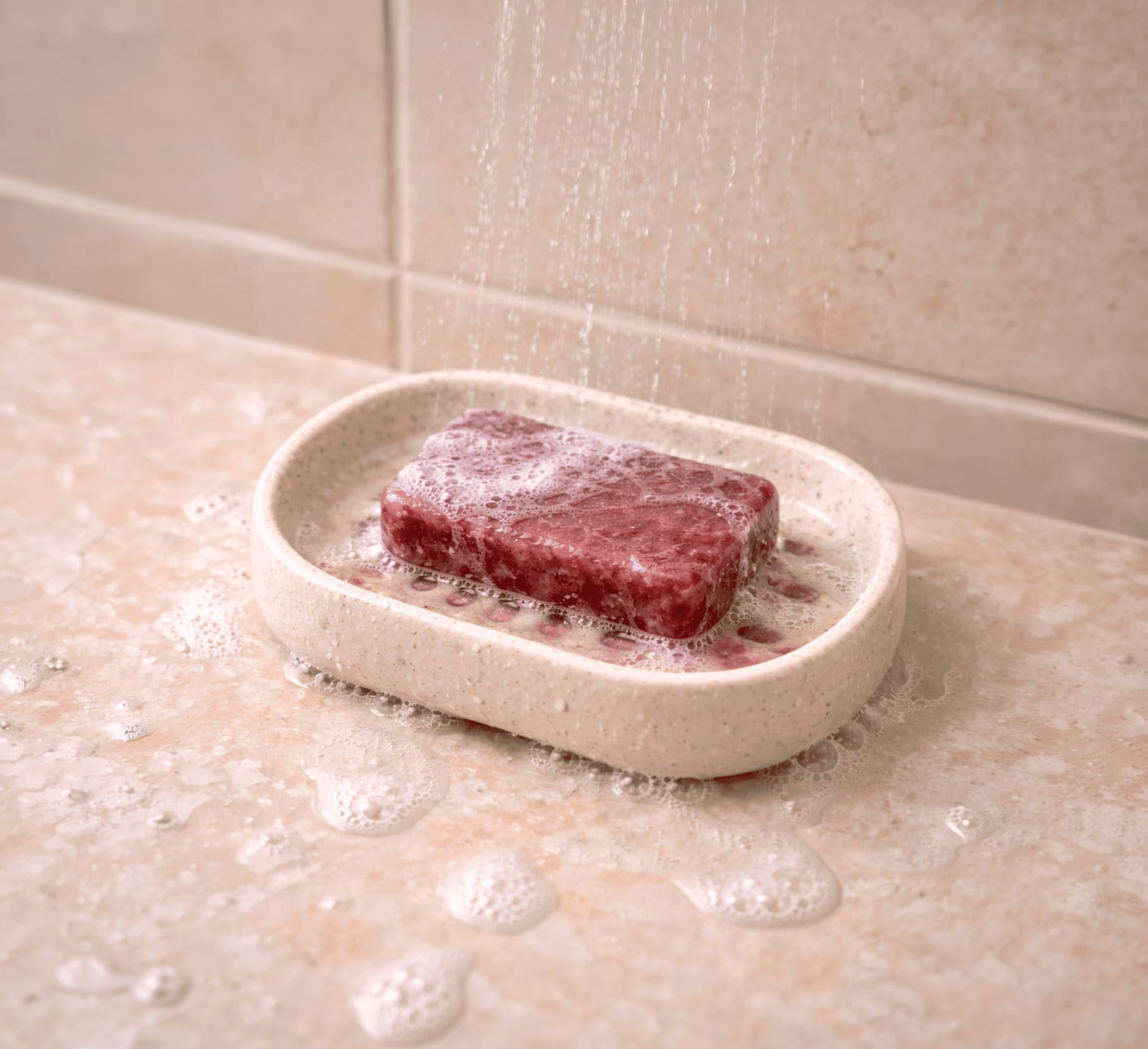 Pastilla de jabón deshaciéndose en una jabonera de plato bajo el agua de la ducha